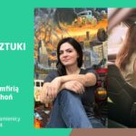 Plakat promujący wydarzenie „Środek Sztuki – Spotkanie z Amfirią i Dominiką Cichoń”, które odbędzie się 14 maja 2025 roku o godz. 11:30 w Dziale Muzealnym w Kamienicy Deskurów, Rynek 14. Lewa część plakatu ma zielone tło z białym tekstem informacyjnym. W centralnej części znajduje się zdjęcie kobiety z ciemnymi włosami, siedzącej ze skrzyżowanymi rękami i nogami na tle malowidła przedstawiającego apokaliptyczną scenę z samochodami i ogniem. Po prawej stronie widoczna kobieta z długimi włosami w samochodzie, odwrócona do tyłu i patrząca przez ramię w stronę obiektywu.