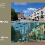 Plakat promujący wydarzenie "RETROSPOTKANIE 69", organizowane przez Ośrodek Kultury i Sztuki Resursa Obywatelska w Radomiu. Tło plakatu jest w kolorze oliwkowym. Po lewej stronie znajduje się tekst: "RETROSPOTKANIE 69 Radom – między wczoraj a jutrem 10 czerwca 2025 r. (wtorek), godz. 18:00". Na górze po prawej stronie umieszczono zdjęcie ulicy Żeromskiego w Radomiu w obecnych czasach – deptak z klasyczną zabudową i pieszymi. Pod nim znajduje się futurystyczna wizualizacja tej samej ulicy – z latającymi pojazdami, neonowymi reklamami, nowoczesną architekturą i zielonymi balkonami. Logo Resursy Obywatelskiej znajduje się w lewym górnym rogu plakatu.