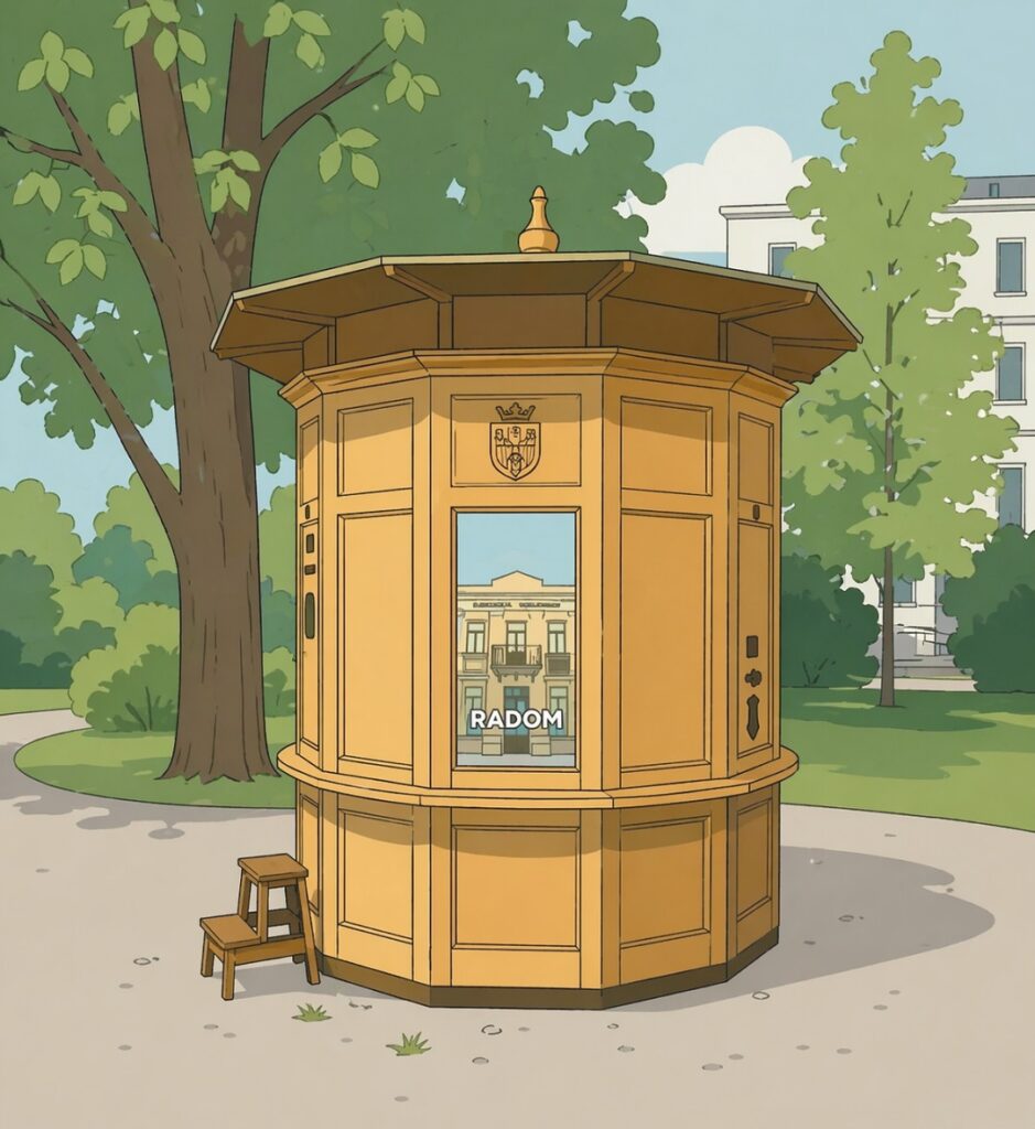 Ilustracja przedstawiająca żółty, drewniany fotoplastykon o wielobocznym kształcie, stojący w parku w Radomiu. Na centralnej ścianie urządzenia znajduje się okienko z widokiem na zabytkową kamienicę oraz napis "RADOM".