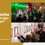 Plakat informujący o Nocy Muzeów pt. „Noc żywych figur. Ideologicznych”, która odbędzie się 16 maja 2026 r. w godzinach 18:00–22:00 w Dziale Muzealnym „Resursy Obywatelskiej” w Kamienicy Deskurów. Grafika składa się ze złotego panelu z białymi napisami po lewej stronie oraz dwóch zdjęć po prawej, dokumentujących zwiedzających w przestrzeniach wystawienniczych: górne zdjęcie przedstawia tłum ludzi w sali z neonem „Kasia” i historycznymi ekspozycjami, a dolne ukazuje osoby oglądające galerię oprawionych prac i robiące im zdjęcia.