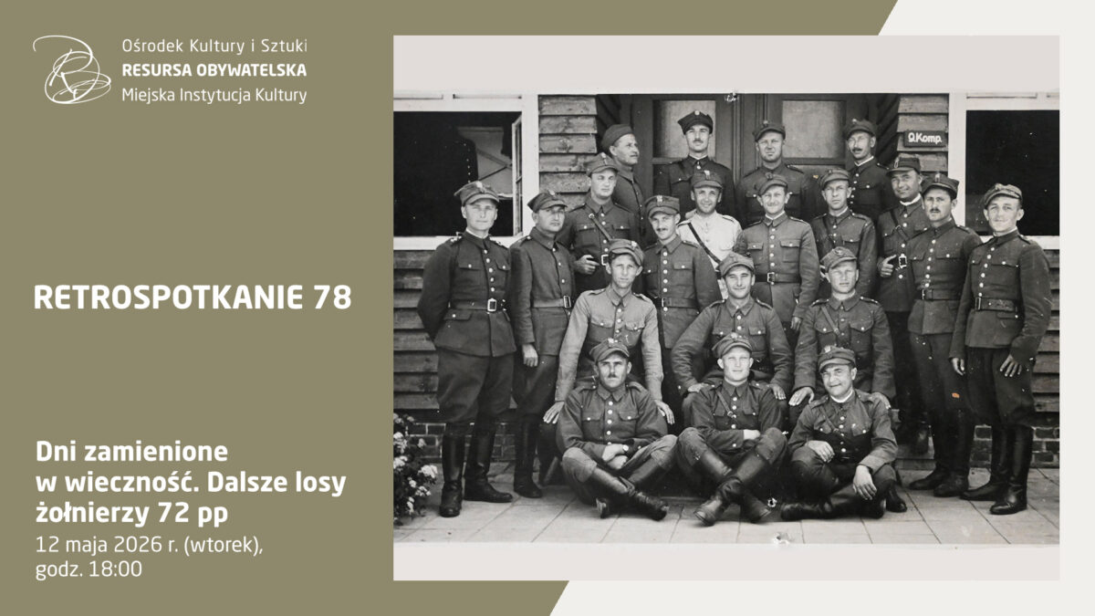 Plakat wydarzenia Retrospotkanie 78 pt. „Dni zamienione w wieczność. Dalsze losy żołnierzy 72 pp”. Na archiwalnym, czarno-białym zdjęciu grupa kilkunastu polskich żołnierzy w mundurach z okresu międzywojennego pozuje przed drewnianym budynkiem. Wydarzenie odbędzie się 12 maja 2026 r. o godz. 18:00 w Resursie Obywatelskiej w Radomiu.