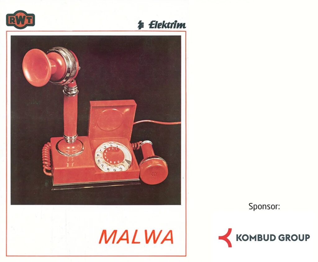 Plakat reklamowy czerwonego telefonu stacjonarnego model „Malwa” produkcji RWT. Urządzenie ma formę stylizowaną na retro z pionową słuchawką i otwieraną klapką zakrywającą tarczę numerową. Na grafice widoczne są logotypy RWT, Elektrim oraz logo sponsora Kombud Group.