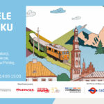 Plakat informacyjny wydarzenia „Niedziele na Rynku 2026”. Program: 5 lipca – Pociąg do wakacji, 19 lipca – Lato na rowerze, 2 sierpnia – PKS-em w Polskę. Miejsce: Rynek, zapraszamy w godz. 14:00-19:00. Prawa część plakatu zawiera rysunkową, kolorową ilustrację przedstawiającą pociąg jadący przez góry, wieżę kościoła, tradycyjne domy oraz ptaka na niebie. Na dole logotypy organizatorów i partnerów.