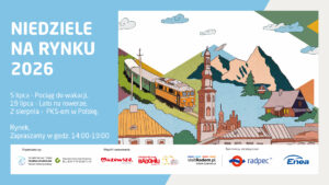 Plakat informacyjny wydarzenia „Niedziele na Rynku 2026”. Program: 5 lipca – Pociąg do wakacji, 19 lipca – Lato na rowerze, 2 sierpnia – PKS-em w Polskę. Miejsce: Rynek, zapraszamy w godz. 14:00-19:00. Prawa część plakatu zawiera rysunkową, kolorową ilustrację przedstawiającą pociąg jadący przez góry, wieżę kościoła, tradycyjne domy oraz ptaka na niebie. Na dole logotypy organizatorów i partnerów.