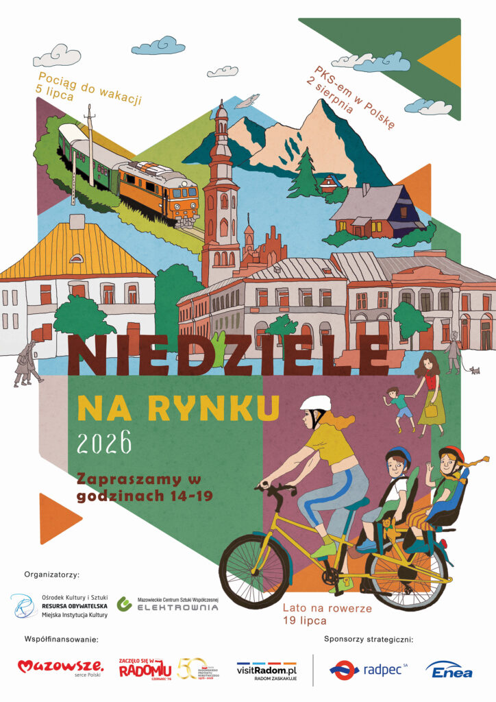 Pionowy plakat informacyjny wydarzenia „Niedziele na Rynku 2026”. Zapraszamy w godzinach 14-19. Program: 5 lipca – Pociąg do wakacji; 19 lipca – Lato na rowerze; 2 sierpnia – PKS-em w Polskę. Główną część plakatu stanowi kolorowa, rysunkowa ilustracja miejskiej architektury z wieżą, nad którą widoczne są góry i jadący pociąg. Na pierwszym planie kobieta jedzie na rowerze z dwójką dzieci w fotelikach. Na dole plakatu umieszczono logotypy organizatorów, współfinansujących i sponsorów strategicznych.